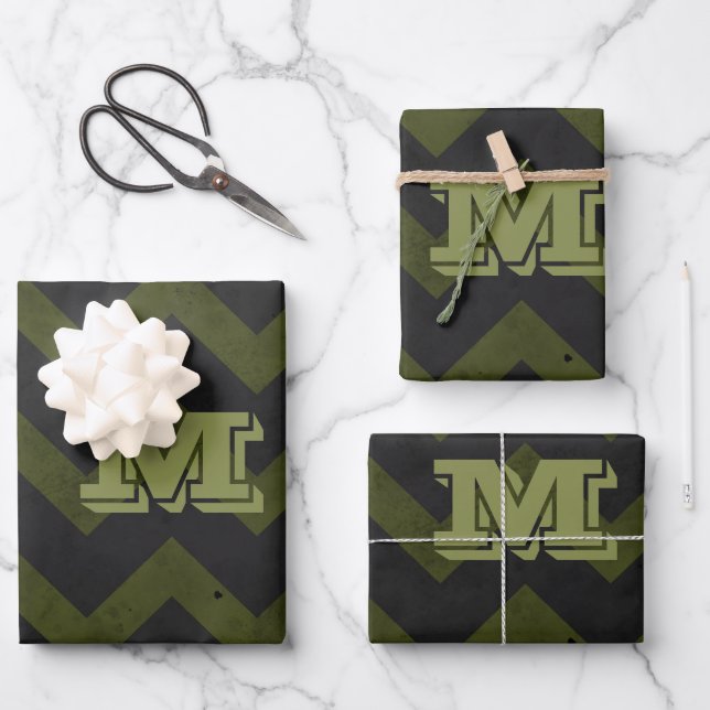 Dunkelgraue Armee grün Vintag Zickzack Monogramm Geschenkpapier Set (Vorderseite)