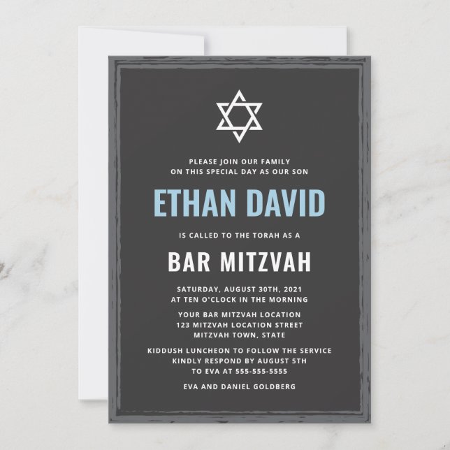 Dunkelgraue Bar mitzvah-Einladung mit rauer Grenze Einladung (Vorderseite)