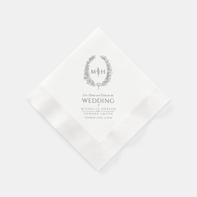 Dunkelgraue Blatt-Oval-Kranz-Monogramm-Kunsthochze Serviette (Ecke)