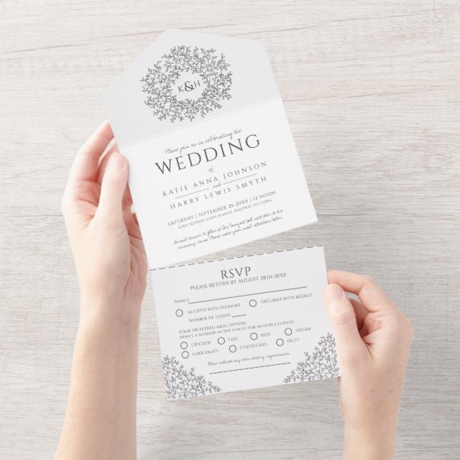 Dunkelgraue Blätter für Hochzeiten All In One Einladung (Abreißen)