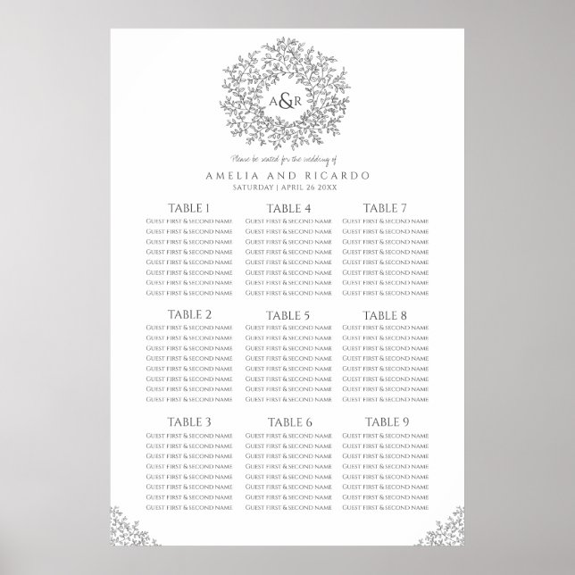 Dunkelgraue Blätter umkreisen Hochzeitssitzkarte Poster (Vorne)