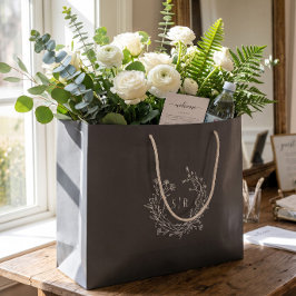 Dunkelgraue botanische Monogramm-Hochzeitsbegrüßun Große Geschenktüte
