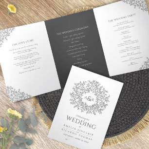Dunkelgraue Mono-Art-Widding Hochzeit Dreifach-gefaltete Programmkarte