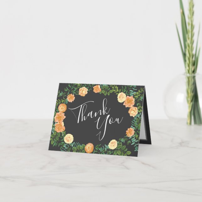 Dunkelgraue Peach Wedding Modern Floral Dankeskarte (Vorderseite)