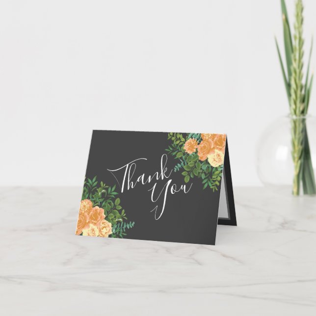 Dunkelgraue Peach Wedding Modern Floral Dankeskarte (Vorderseite)