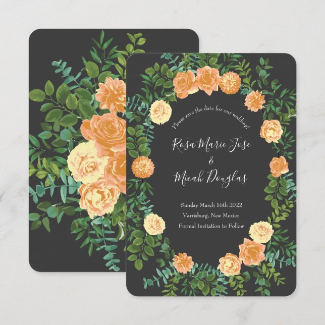 Dunkelgraue Peach Wedding Modern Floral Einladung (Vorne/Hinten)