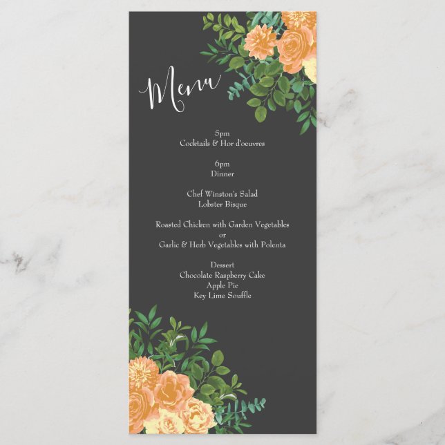 Dunkelgraue Peach Wedding Modern Floral Menükarte (Vorderseite)