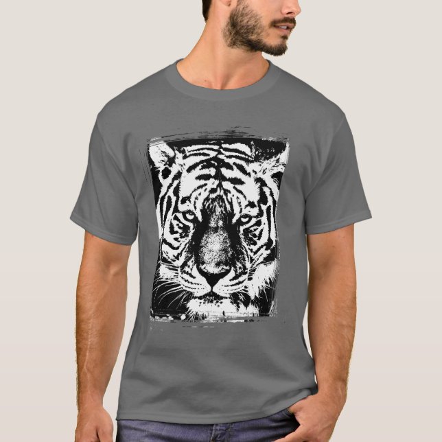 Dunkelgraue Pop Art Tiger Kopfvorlage T-Shirt (Vorderseite)