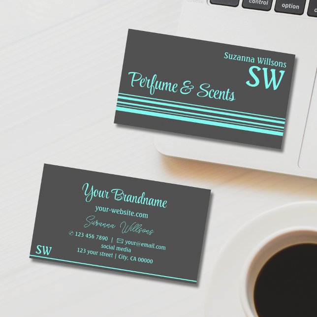 Dunkelgraue und Aquamarine Streifen mit Monogramm  Visitenkarte (Von Creator hochgeladen)
