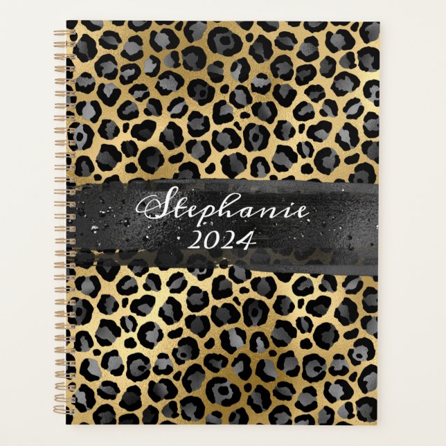 Dunkelgraue und goldene Foil Leopard Pinselstriche Planer (Vorderseite)