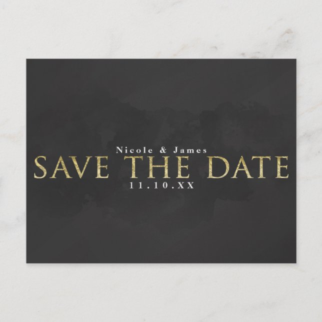 Dunkelgraue und goldene SAVE THE DATE Hochzeitssti Postkarte (Vorderseite)