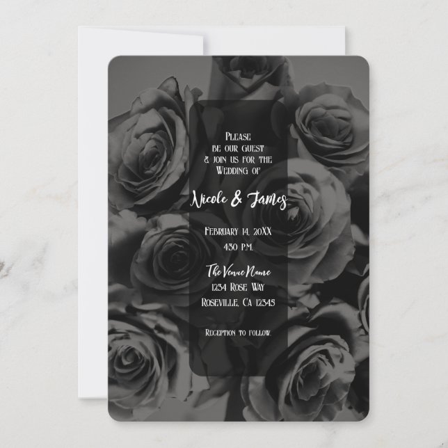 Dunkelgraue und schwarze Rose Blumenstrauß Hochzei Einladung (Vorderseite)