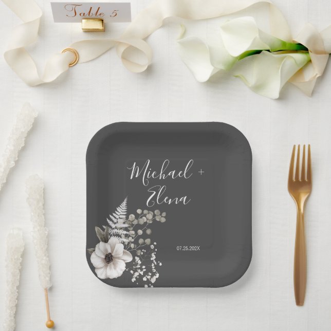 Dunkelgraue und weiße Blütenhochzeit Pappteller (Hochzeit)
