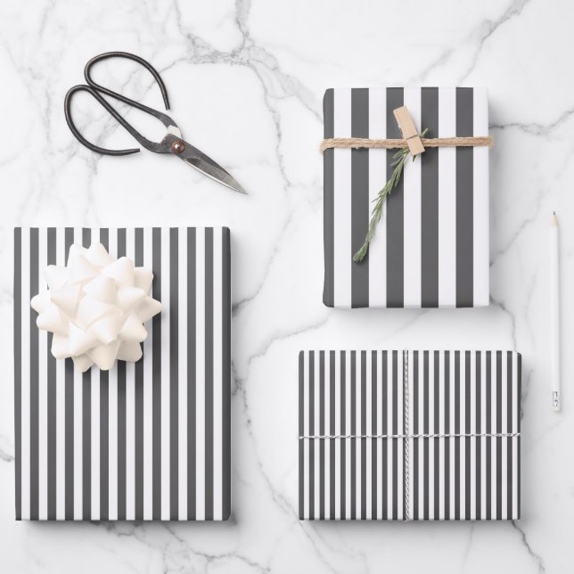 Dunkelgraue und weiße Streifen Geschenkpapier Set (Vorderseite)