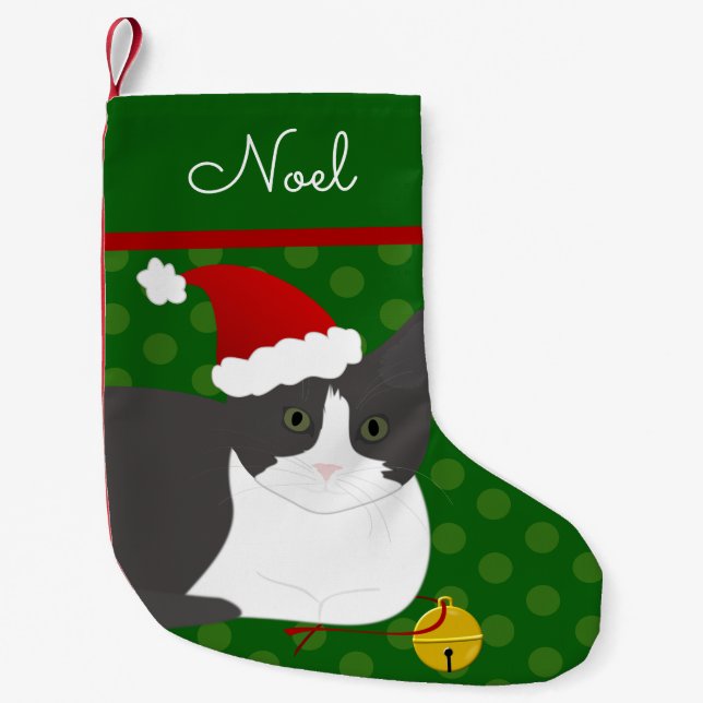 Dunkelgraue und weiße Weihnachtskatze Personalisie Kleiner Weihnachtsstrumpf (Vorderseite)