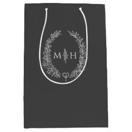 Dunkelgraue, weiße Blätter, ovale Kranz-Monogramm- Mittlere Geschenktüte