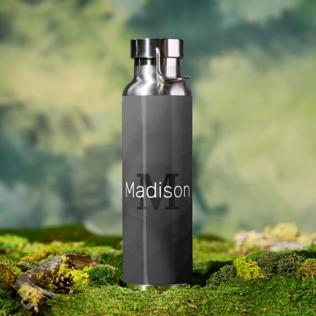 Dunkelgraues geometrisches Mesh Muster Monogramm Trinkflasche (Außenbereich)