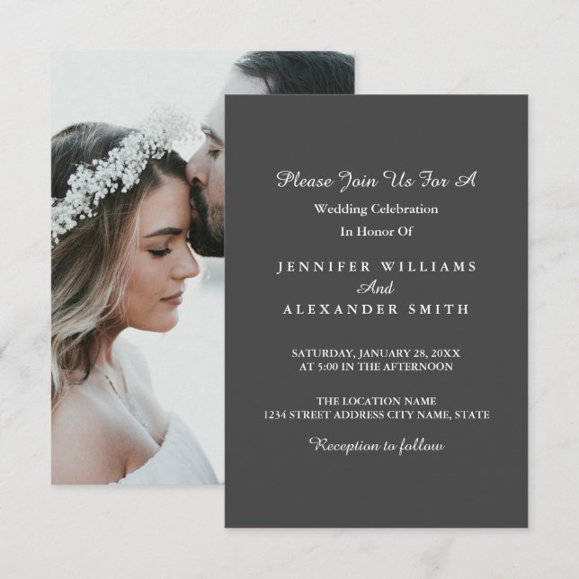 Dunkelgraues Minimalistisches Foto Hochzeitseinlad Einladung (Vorne/Hinten)