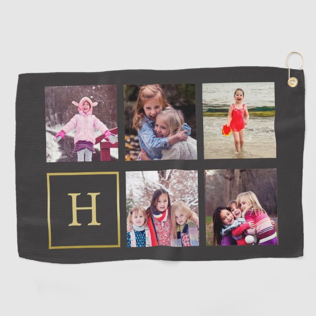 Dunkelgraues u. Imitat-GoldFoto-Collagen-Monogramm Golfhandtuch (Horizontal)
