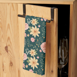Dunkelgrün elegantes Vintage-Wildblumenmuster Geschirrtuch