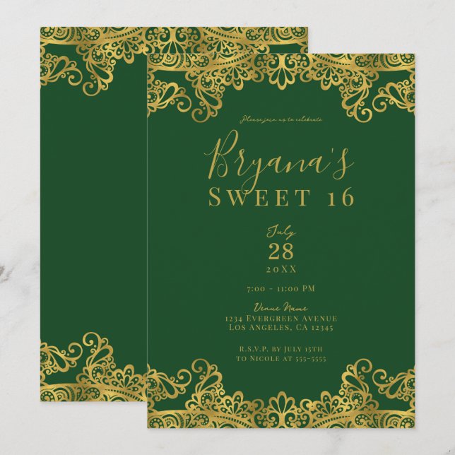 Dunkelgrün & goldene Spitzen Elegant Sweet 16 Part Einladung (Vorne/Hinten)