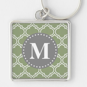 Dunkelgrün-marokkanisches Gittermuster-Monogramm Schlüsselanhänger