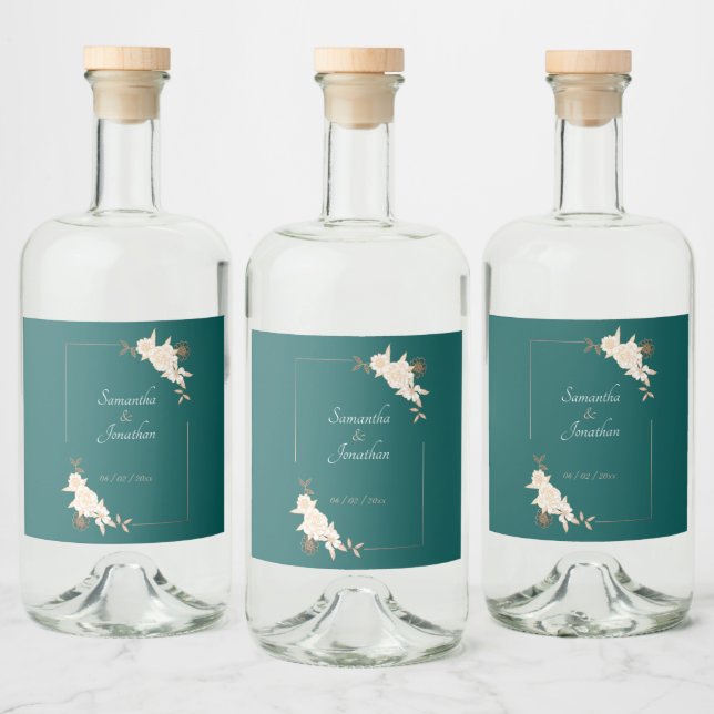 Dunkelgrün mit Creme-Rose Hochzeit Alkoholflaschenetikett (Flaschen)