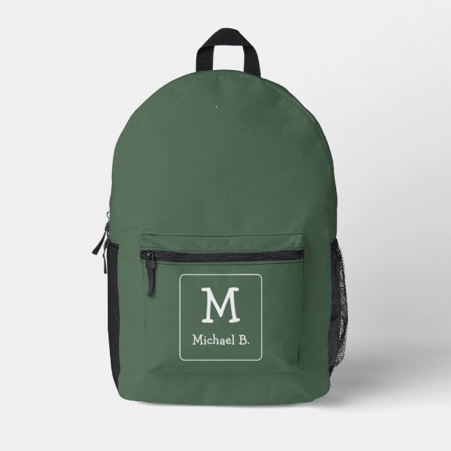 Dunkelgrün mit Name und Monogramm in Weiß Bedruckter Rucksack (Vorderseite)