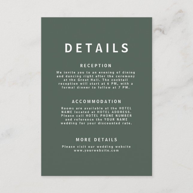 Dunkelgrün | Moss Minimalistisch Scandi Modern Wed Begleitkarte (Vorderseite)