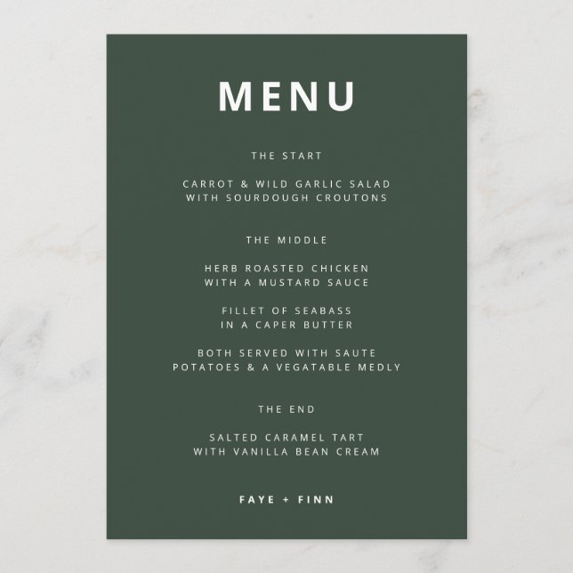 Dunkelgrün | Moss Minimalistisch Scandi Modern Wed Menükarte (Vorderseite)