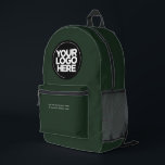 Dunkelgrün | Personalisiertes Firmenlogo und Text Bedruckter Rucksack<br><div class="desc">Bio ökofreundliche dunkelgrüne Farbe | Personalisiertes Firmenlogo und Text Moderner Business-gedruckter Rucksack</div>