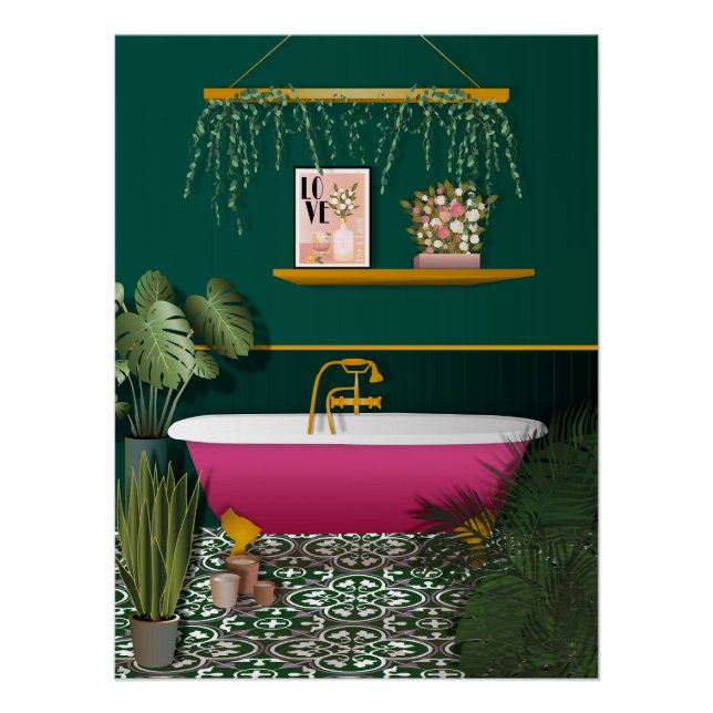 Dunkelgrün Romantisches Badezimmer | Pink Bathtub  Poster (Vorderseite)