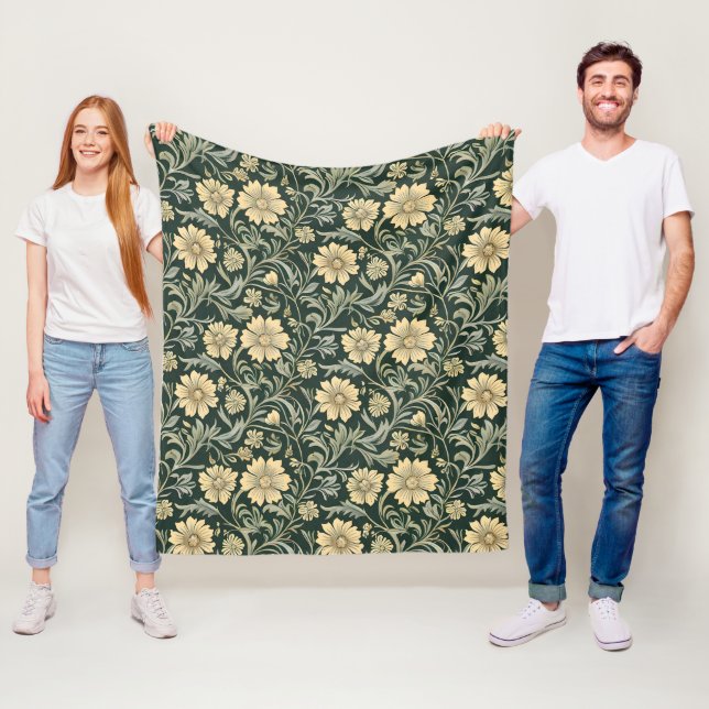 Dunkelgrün stilisierte gelbe Blumen Muster Fleecedecke (Beispiel)