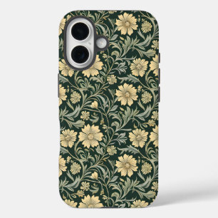 Dunkelgrün stilisierte gelbe Blumen Muster  iPhone 16 Hülle