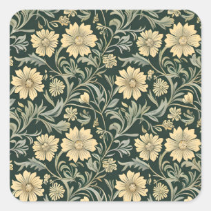 Dunkelgrün stilisierte gelbe Blumen Muster  Quadratischer Aufkleber