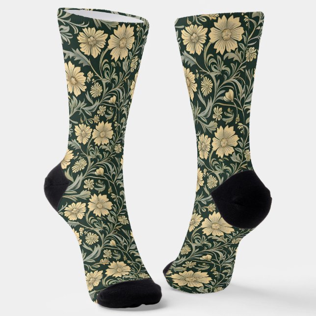 Dunkelgrün stilisierte gelbe Blumen Muster  Socken (Gewinkelt)