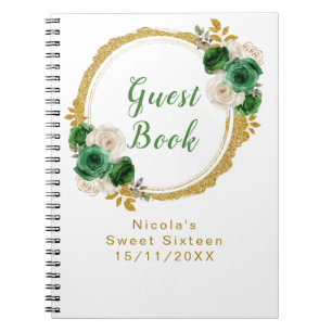Dunkelgrün und Gold Elegante Blumen Sweet Sixteen Notizblock
