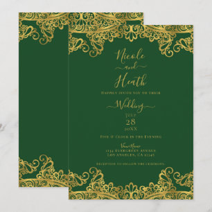 Dunkelgrün und goldene Stickerei Elegante Hochzeit Einladung