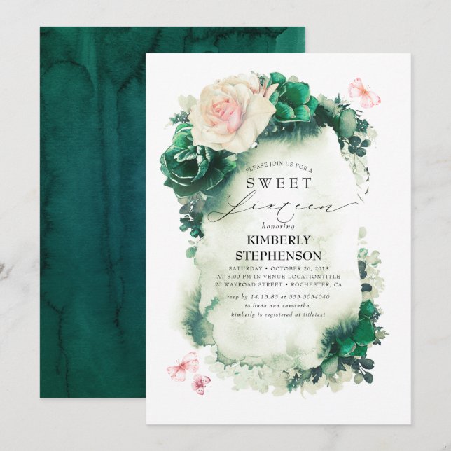 Dunkelgrün und rosa Blumengebäck Bohemisch Sweet 1 Einladung (Vorne/Hinten)