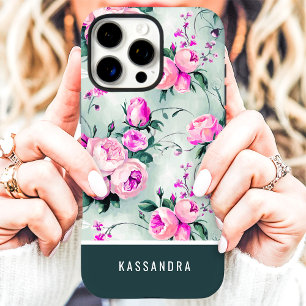 Dunkelgrün und Rosa Floral mit individuellem Namen iPhone 16 Pro Max Hülle