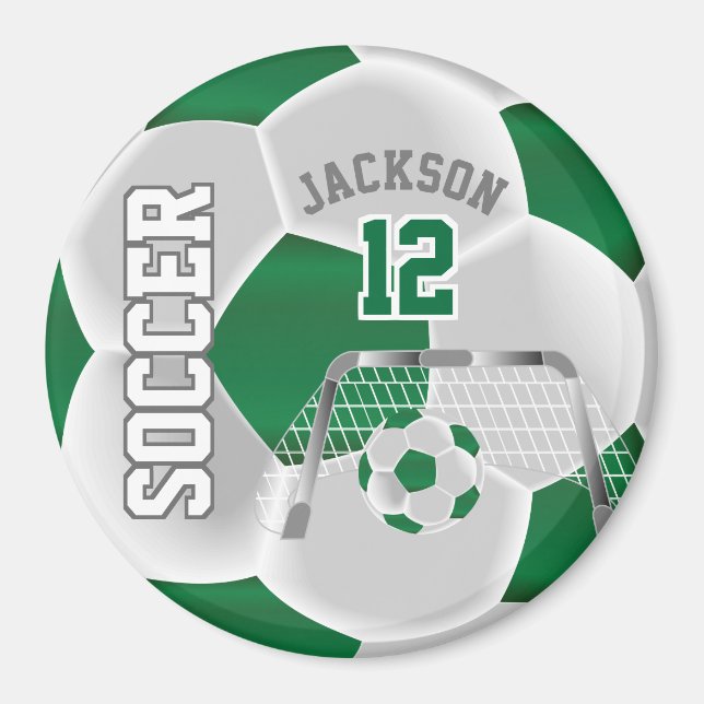 Dunkelgrün und Weiß personalisieren den Fußballbal Magnet (Vorne)