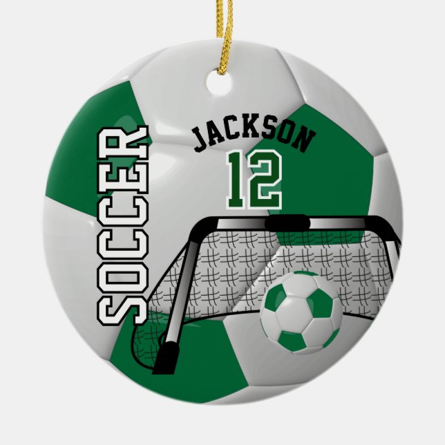 ⚽ Dunkelgrün und Weiß personalisieren Fußball Keramik Ornament (Vorne)