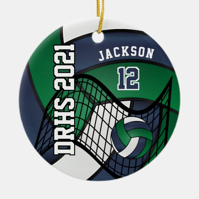 Dunkelgrün, Weiß und Navy Volleyball 🏐 Keramik Ornament (Vorne)