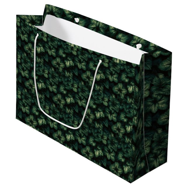 Dunkelgrüne Blätter Große Geschenktüte (Vorderseite Schrägansicht)