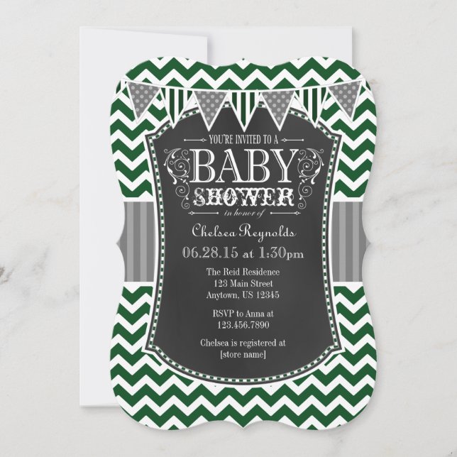 Dunkelgrüne Chalkboard Zickzack Babydusche laden e Einladung (Vorderseite)