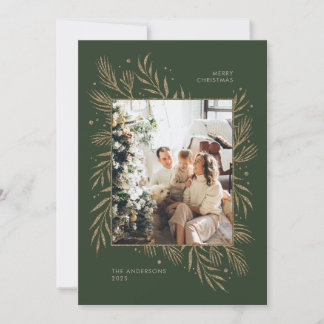 Dunkelgrüne Foto-Weihnachts-Familienfeier Gold Einladung