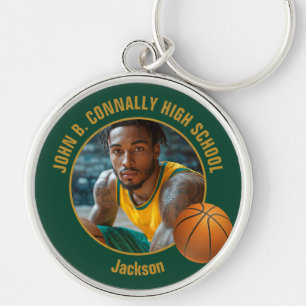 Dunkelgrüne Gold-Basketballspieler-Foto Schlüsselanhänger