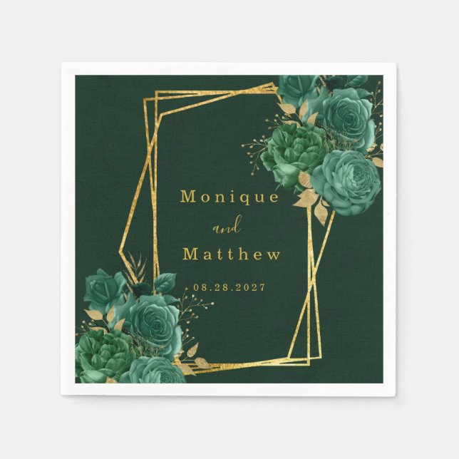 Dunkelgrüne goldene geometrische Blumenhochzeit Na Serviette (Vorderseite)