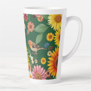 Dunkelgrüne Hintergrundvögel und Blume Milchtasse