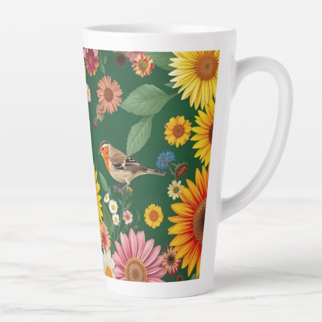 Dunkelgrüne Hintergrundvögel und Blume Milchtasse (Rechts)